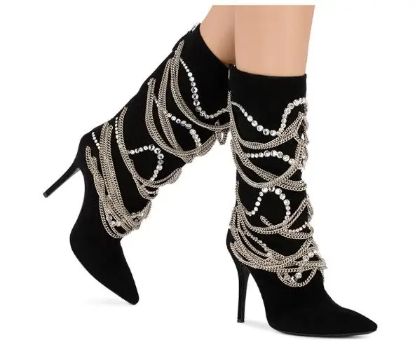

Sexy Chain Studded Women Shoes in High Heels Boots With Back Zipper Fashion Summer Pointed toe Riding Shoes in Flock Leather