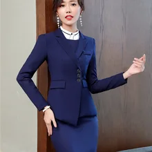 Темно-синие Профессиональные женские блейзеры, костюмы с куртками и юбкой для дам, Офисная Рабочая одежда, комплекты одежды, осенне-зимние костюмы