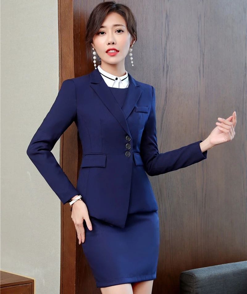 Azul marino profesional mujer Blazers trajes con chaquetas y falda para señoras Oficina Ropa de Trabajo conjuntos ropa Otoño Invierno trajes|Trajes con - AliExpress