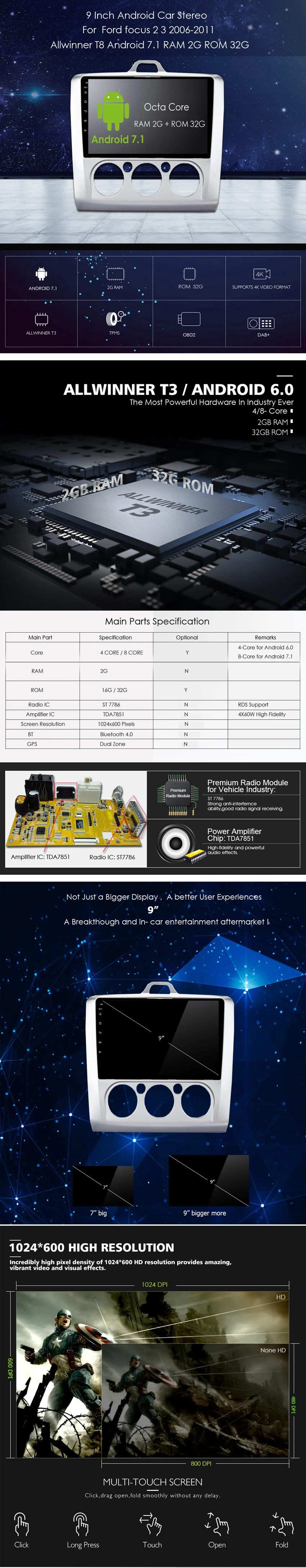 Excellent Android 7.1 RAM 2G RAM 32G Car dvd For Ford focus 2 3 2006 2011 car radio multimedia player gps navigation system head unit 0