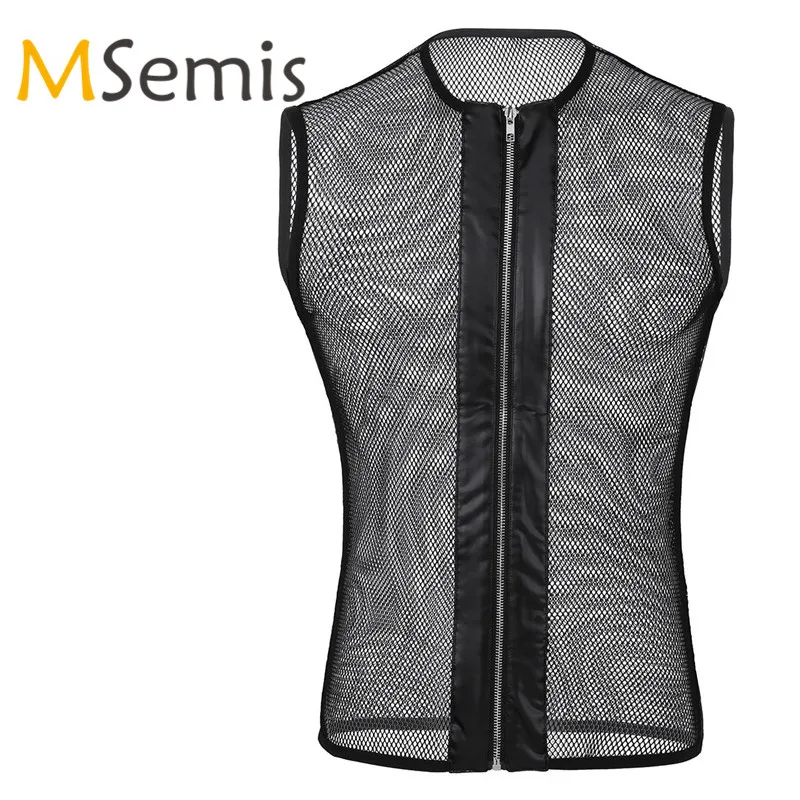 

Gay Clubwear Mens Sexy Sleeveless Fishnet See-through Muscle Top T-Shirt Zipper Front Mens Summer Sexy T-Shirt Mens Sexy T-Shirt