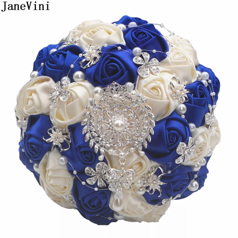 JaneVini Elegant Artificial Satin Royal Blue Rose Wedding Bouquets Crystal Bridal Holding Flowers Pearls Wifelai a Boutonnieres