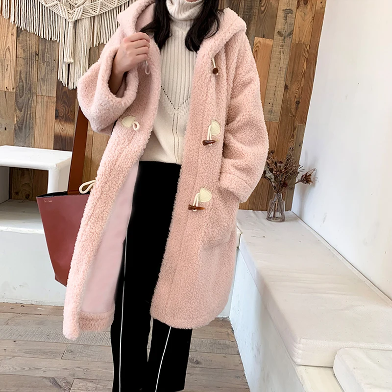 

Faux fur coat women hooded Warm winter fashion streetwear long coat female large size 2019 Pink shaggy autumn outerwear