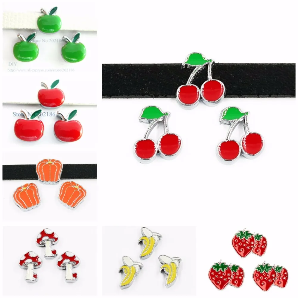 

Cherry Banana Strawberry Apple Pumpkin 10pcs 8mm Slide Charms Fit Wristbands Belts Bracelets Key Chain DIY Jewelry Making Women