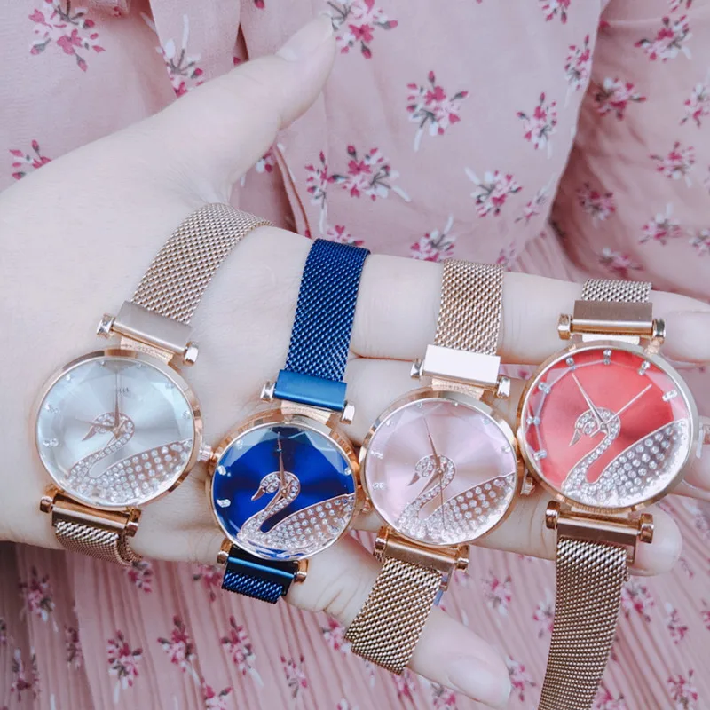 

2019 new magnet mesh swan watch ladies fashion trend polygon mirror female watch