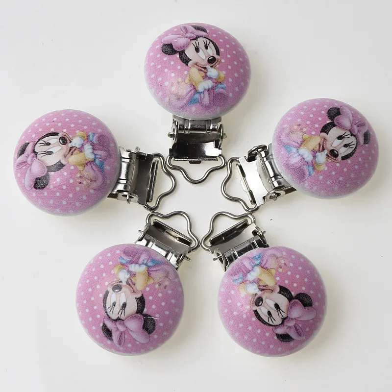 

Pink 5pcs/lot Mouse Metal Wooden Baby Pacifier Clips Fit Cute Infant Soother Clasps Holders Accessories