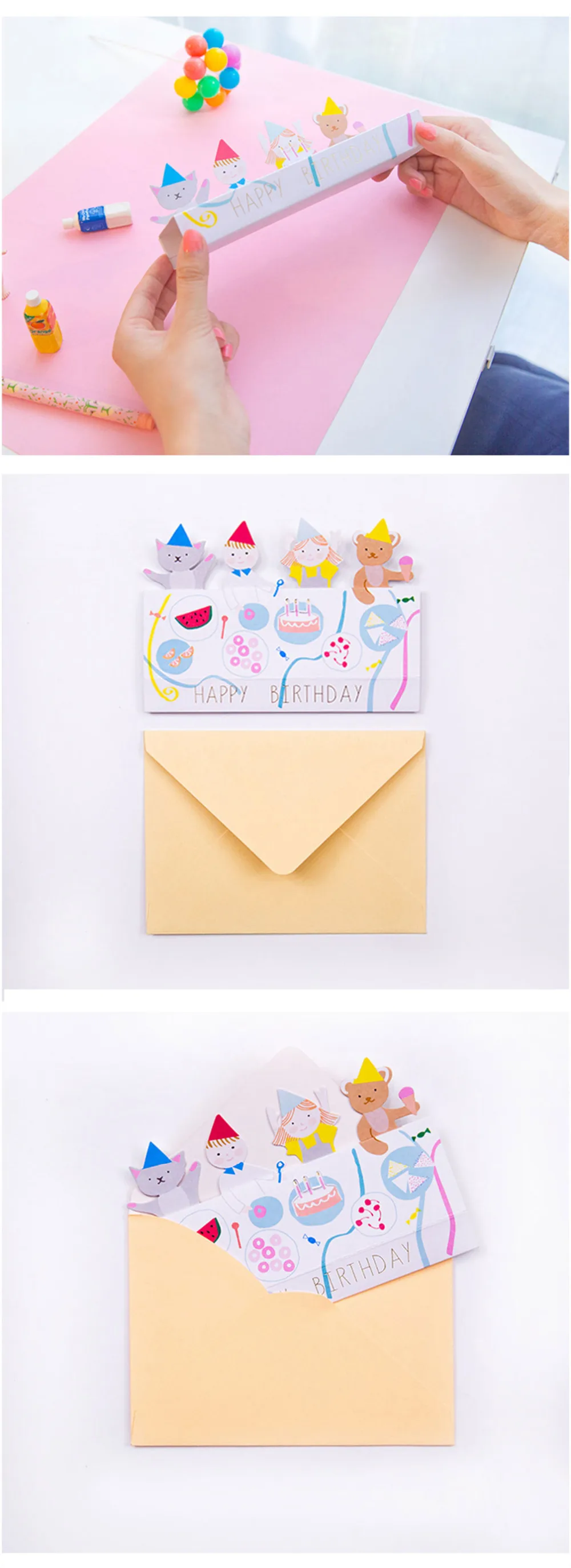 1 компл. Хан издание мультфильм животных день рождения карты конверт каваи 3D Творческий поздравительная открытка с сообщением