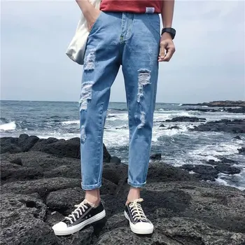 

Wholesale 2020 spring autumn Male ripped hole feet men's ankle length trousers jeans handsome teenagers cowboy pencil pants