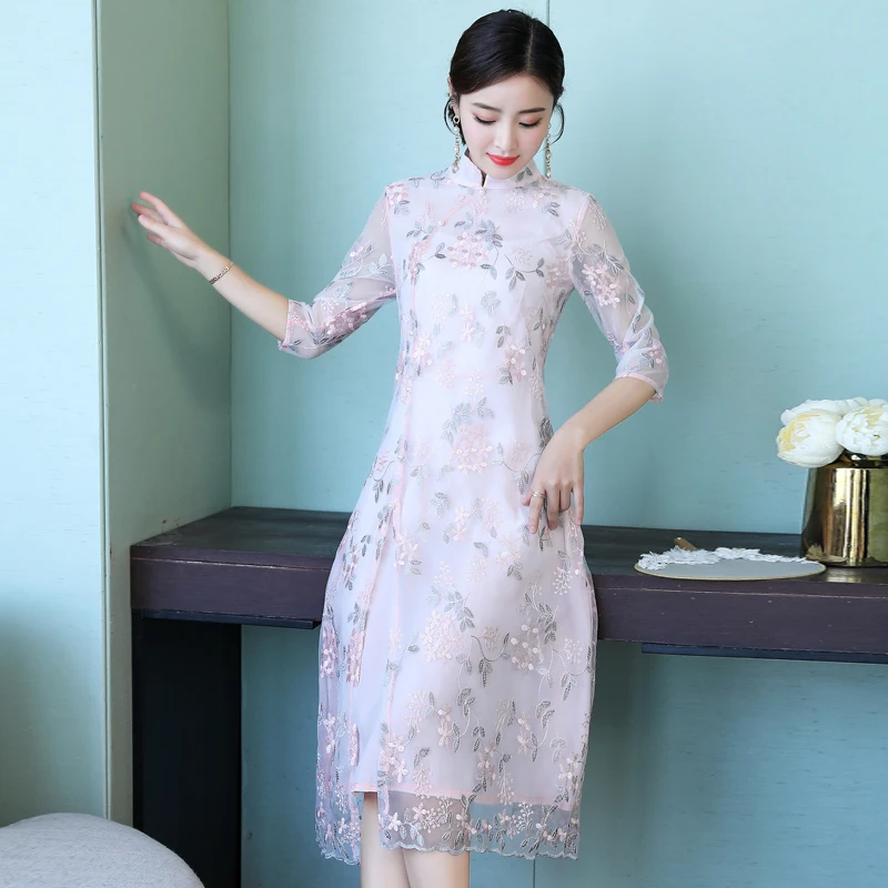 Китайское платье Ципао кружевное шифоновое свадебное платье для вечеринки элегантное женское улучшенное винтажное платье Ципао с цветочной вышивкой