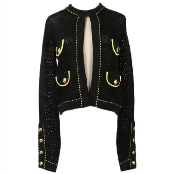 

Vintage Woman Golden Striped Knitted Cardigan Crocheted Hollow Coat Hook Jacket Buttons Long Sleeved OL Outwear High Waist Tops