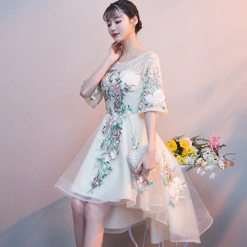 Robe de soiree кружевное вечернее платье цвета шампанского с аппликацией короткое