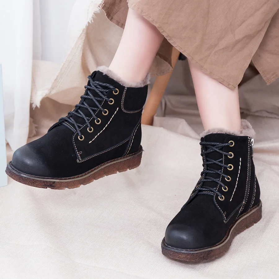 BELISS ankle boots women genuine leather 2018 casual warm fur comfortable lace up flats winter boot for women  
