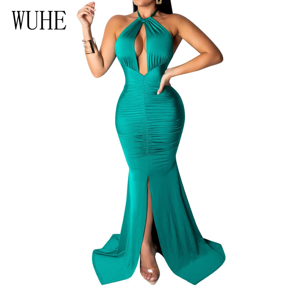 

WUHE Elegant Women Summer Halter Hollow Out Fashion Long Dress Off Shoulder Backless Boho Vintage Party Maxi Dress Vestidos