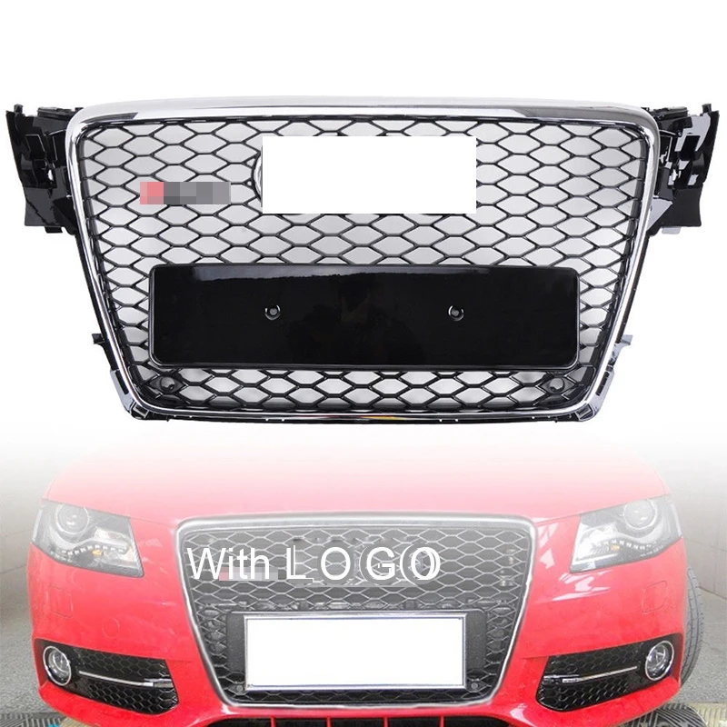 

1Pcs Car Racing Grille For Audi A4 B8 Grill 2009-2012 RS4 Style Emblems Chrome Radiator Sliver Trim Front Bumper Mesh Honeycomb