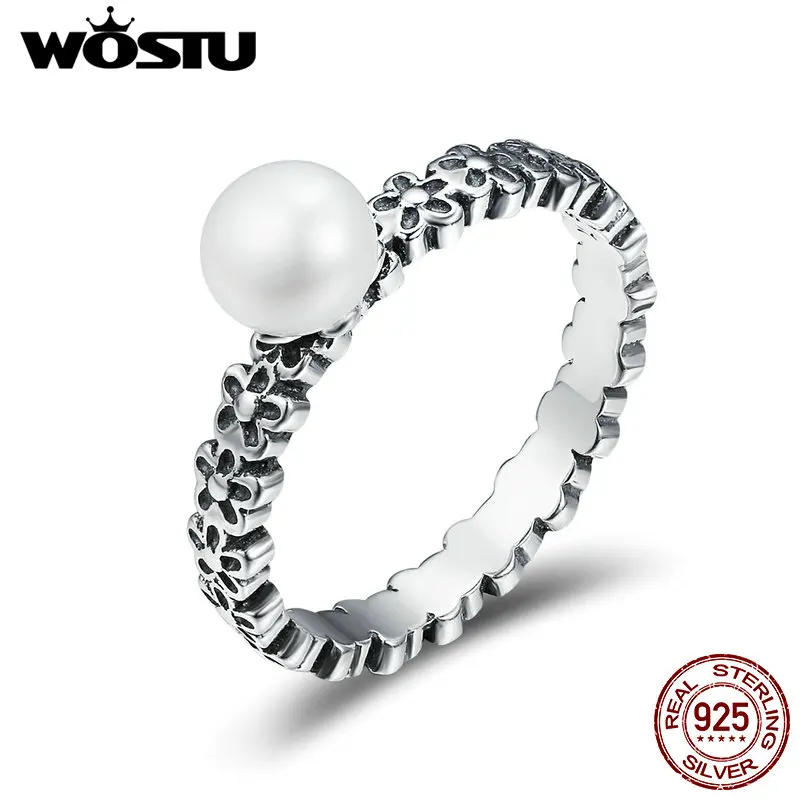

WOSTU Romantic 925 Sterling Silver Stackable Ring Freshwater Pearl Flower Finger Rings for Women Engagement Jewelry Gift CQR188