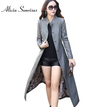 Очень длинная Ветровка кожаная куртка женская плюс размер 3XL 4XL 5XL серая уличная мода стоячий воротник серая осенняя куртка AS6701