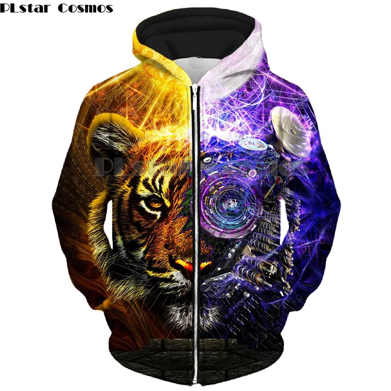 

PLstar Cosmos Mens/Women Zip Hoodies Amazing Tiger Machine Harajuku Galaxy 3D Print Hoodie Animal Sweatshirts Asymmetry jacket