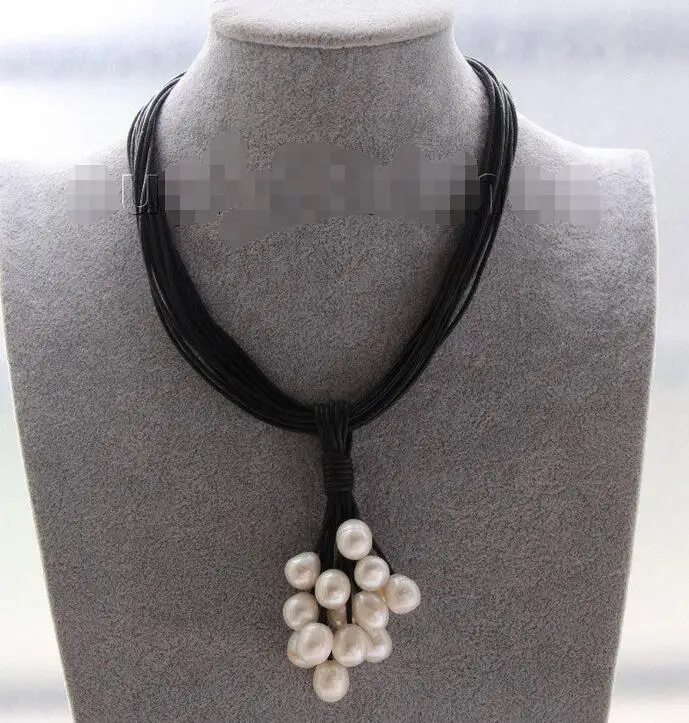 

Free Shipping >>> Choker 16" 15row 14mm white pearls Black leather Pendant necklace j9549