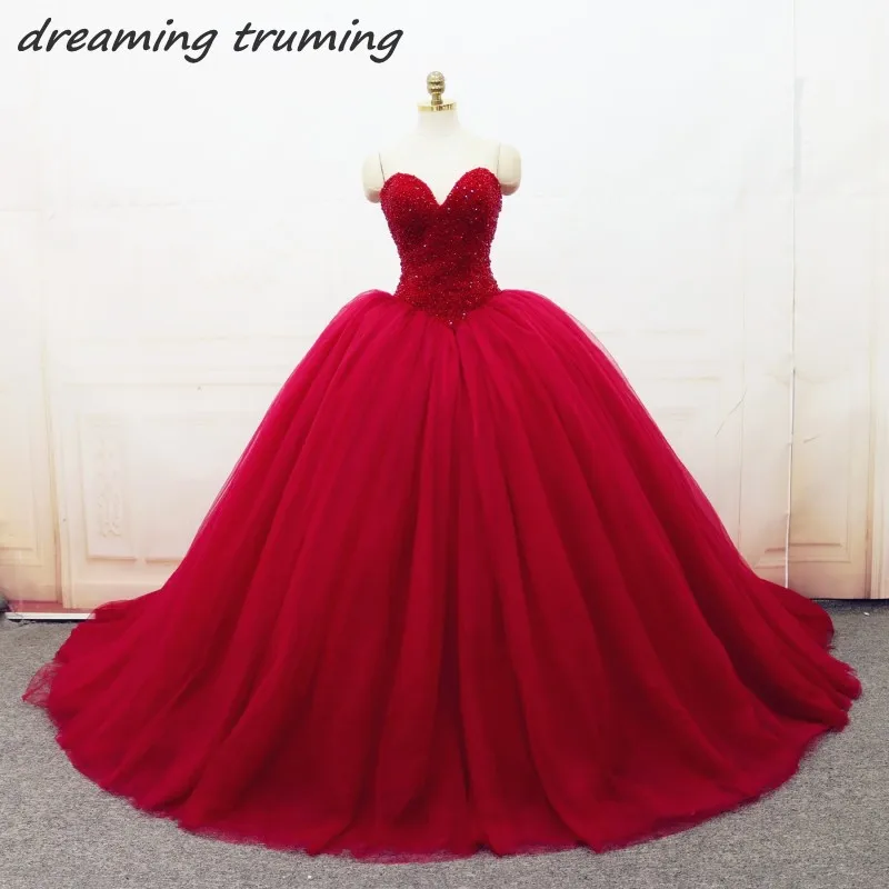 Puffy Red Quinceanera Dresses 2018 Crystal Beading Long Tulle Ball