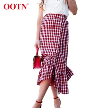 OOTN Асимметричная клетчатая юбка в клетку, женская красная юбка на пуговицах, длинные юбки с эластичной резинкой на талии, женские юбки с оборкой, Зимняя мода, новинка
