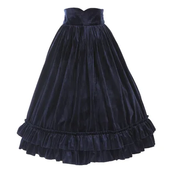 

Vintage Corduroy Long Skirt Sweet Ruffled High Waist Midi Skirt Navy Blue/White/Wine Red