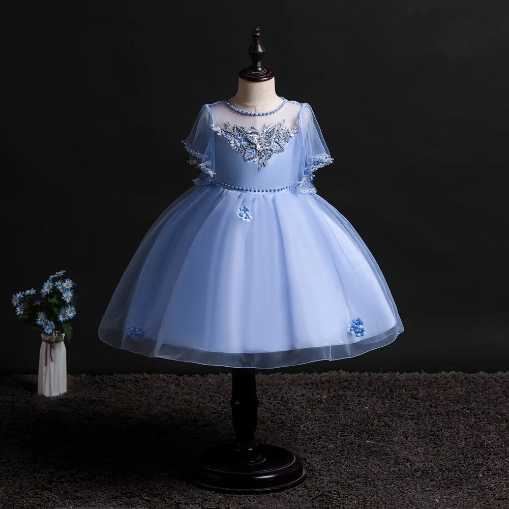 

New Girls Party Dress Kids Lace Sleeves 3D Flower Applique Tulle Wedding Birthday Dress Bebe Vestido