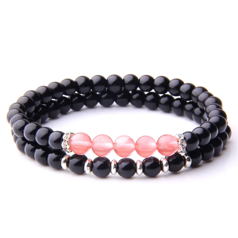 

2 Pieces Semiprecious Stone Round Beads Bracelets Fashion Polished Black Onyx Pink Quartz Bracelets For Woman Man Couple Bangles