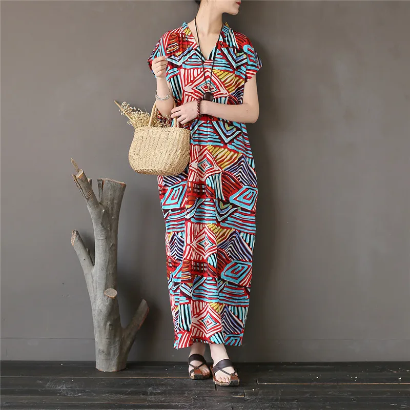 

Fashion Unique Geometric Print V Neck Short Sleeve Straight Dress, Summer Ethnic Patterned Cool Thin Casual Home Beach Robes