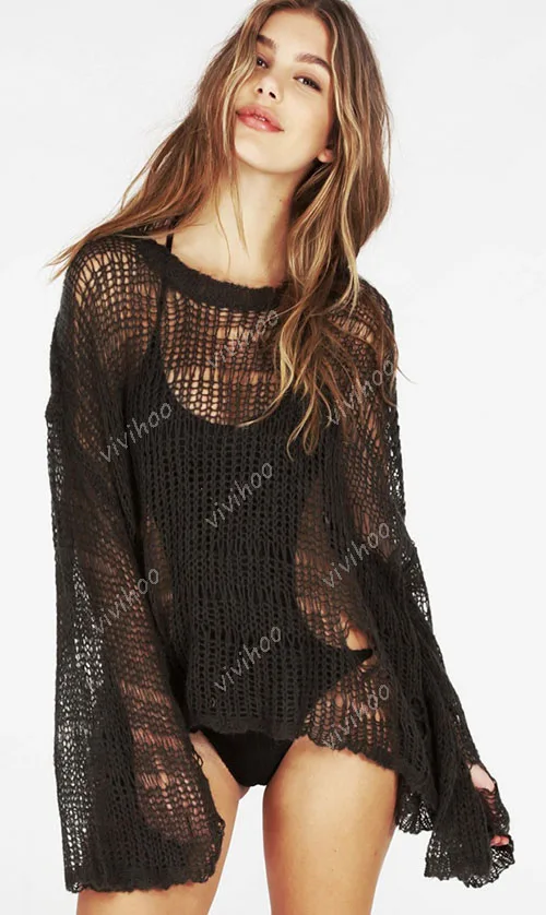 Fashion Girls Knitwear Crochet Heart-Shaped Hole Sweater Hollow Out Solid Thin Pullovers Cover Up Beach O-neck Loose | Женская одежда