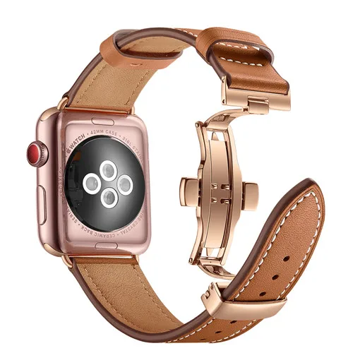 Кожаный ремешок для apple watch 5 4 band correa apple watch 42 мм 38 мм 44 мм 40 мм iWatch 4 3 2 Butterfly buckle pulseira ремешок для часов - Цвет ремешка: Rose gold button