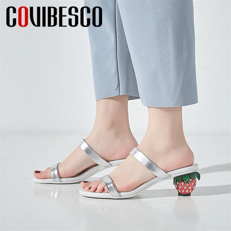 

COVIBESCO Summer Fashion Concise Round Toe Women Sandals Solid Genuine Leather Slip On Shallow Strange Style Party Shoes Woman