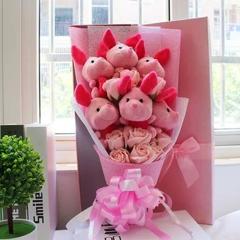 

New cute piglet with soap flowers cartoon bouquets Stuff Animal Plush Toys Creative Valentine Graduation Gift