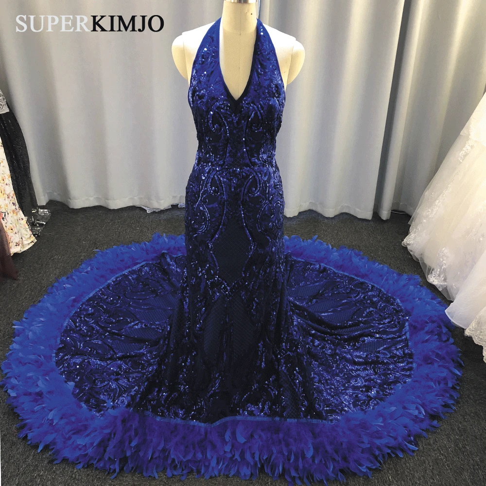 

SuperKimJo Sparkle Royal Blue Evening Dresses 2019 Halter Mermaid Feather Sequin Applique Luxury Evening Gown Formal Dress
