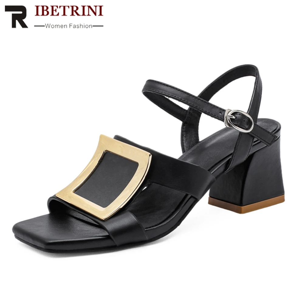 

RIBETRINI Fashion Cow Genuine Leather Shoes Woman Square Toe High Heels Sandals Women 2020 Summer Woman Shoes Women 31-43