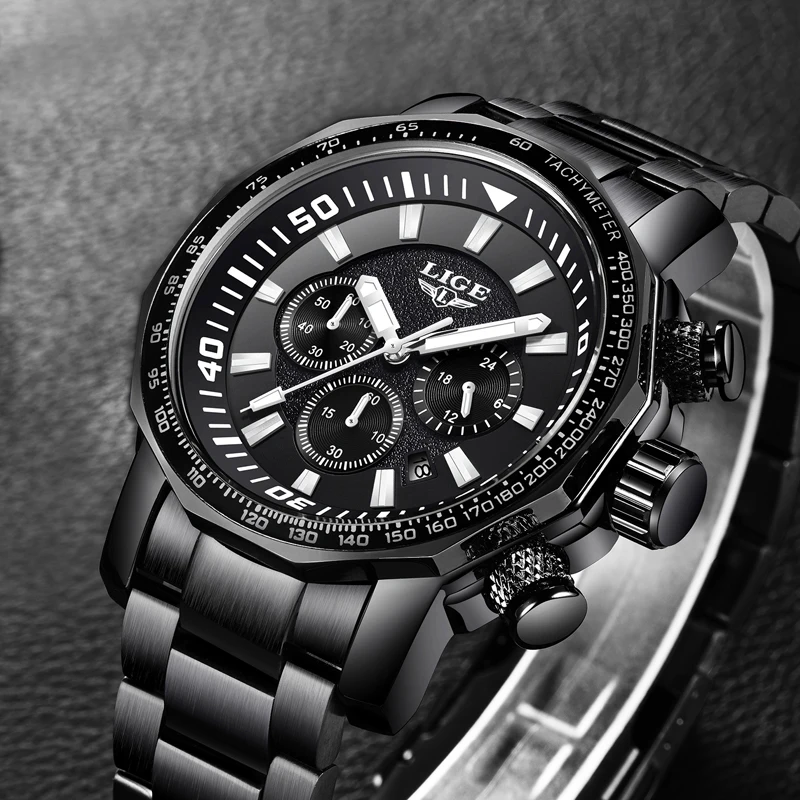 LIGE Top Luxury Brand Mens Waterproof Quartz Watches Business Big Dial Fashion Casual Sprot Full Black Men Wristwatch Male Clock