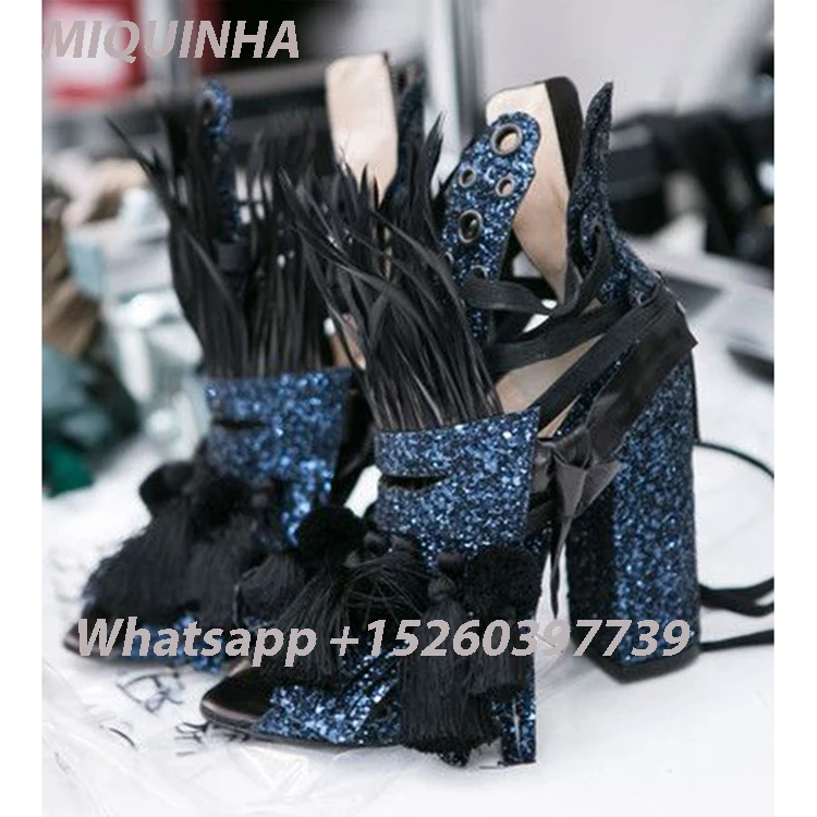 Fashion Gladiator Leather Black And Blue Thick Heel Women Shoes Ankle Strap Fringe Rome Shoes Peep Toe Luce Up Mujer Sandals