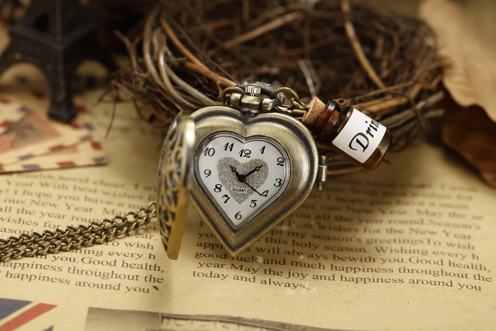 Флакон духов карманные часы полые сердце цветок тисненые бронзовые Кварцевые часы для цепочка на подарок часы платье украшения Аксессуары