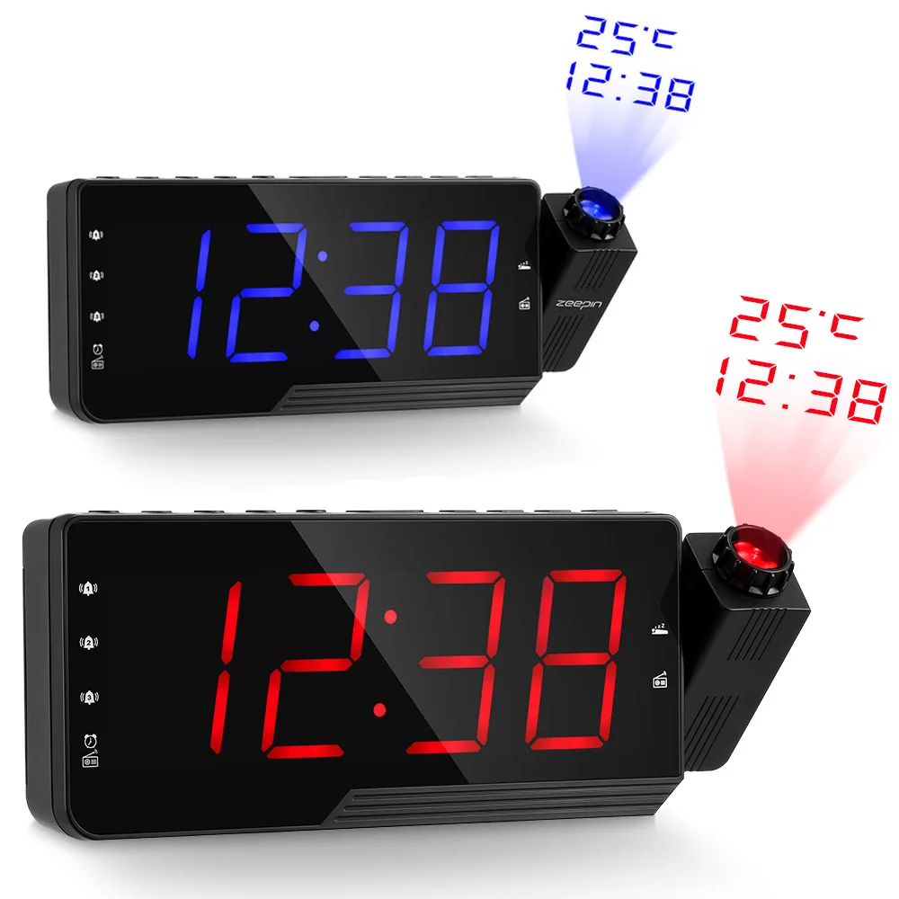 

Digital Radio Alarm Clock Projection Snooze Timer Temperature LED Display USB Charge Cable 120 Degree Table Wall FM Radio Clock