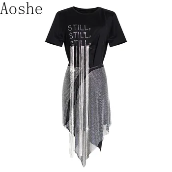 

2019 Spring new fashion luxury stream drill short sleeve top irregular fork skirt female