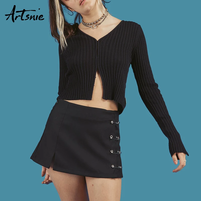 

Artsnie Spring 2018 Black Casual Knitted Short Cardigans Women V Neck Long Sleeve Crop Sweaters Unif Jumper Winter Pull Femme