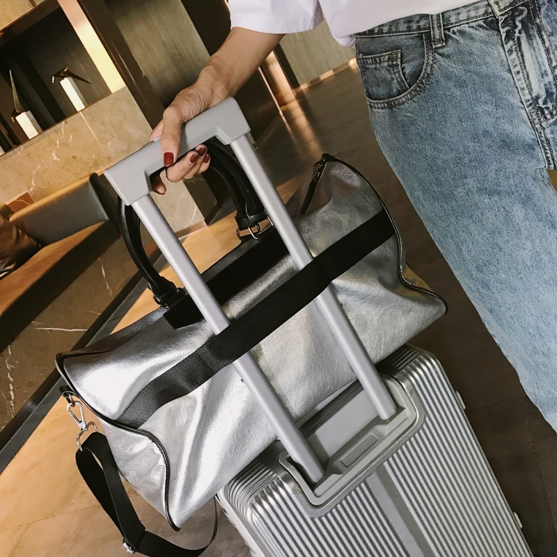 Women PU Soft Leather Fitness Gym Bags For Men Striped Training Shoulder Sport Bag Handbag Traveling Bag