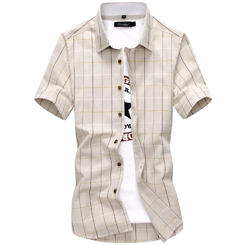 Клетчатые мужские рубашки Новая мода хлопок с коротким рукавом летняя повседневная мужская рубашка camisa masculina мужские рубашки - Цвет: Khaki(kaqi)