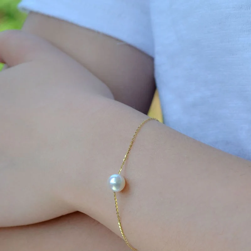 Sinya 18k gold Chain bracelets with 7.5-8mm natural round pearls for women girls Mum lover length 15.5cm to 18cm optional  (11)