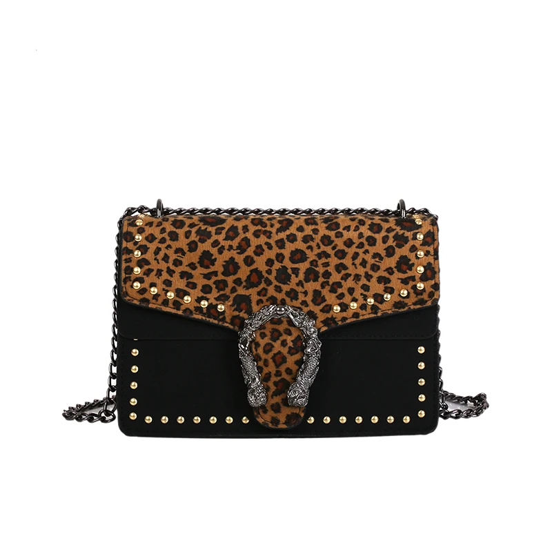 

New modis Women Messenger Bag leopard Chain Small Flap handbag Metal Decorative Shoulder Crossbody sac fashion rivet bag bolsas