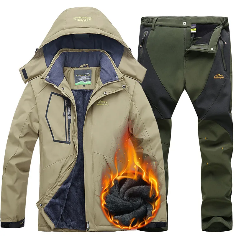 CCIVICFREE, Мужская водонепроницаемая куртка, брюки, для походов, походов, охоты, куртки, мужские, зимние, тепловые, флис, сноуборд, лыжный костюм - Цвет: Khaki Army green
