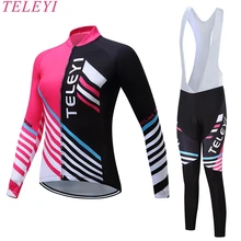 Teleyi Для женщин Велоспорт Джерси комплект куртка с длинными рукавами Плотные брюки спортивные Майки Roupa feminina MTB велосипеда Велосипедный Спорт Велосипедная форма