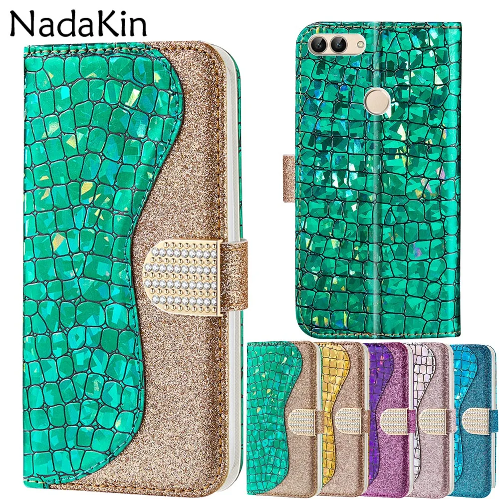 

Luxury Rhinestone Diamond Clasp Book Case for Huawei P Smart 2018 Enjoy 7S Flip Cover Shell Snake Skin Texture