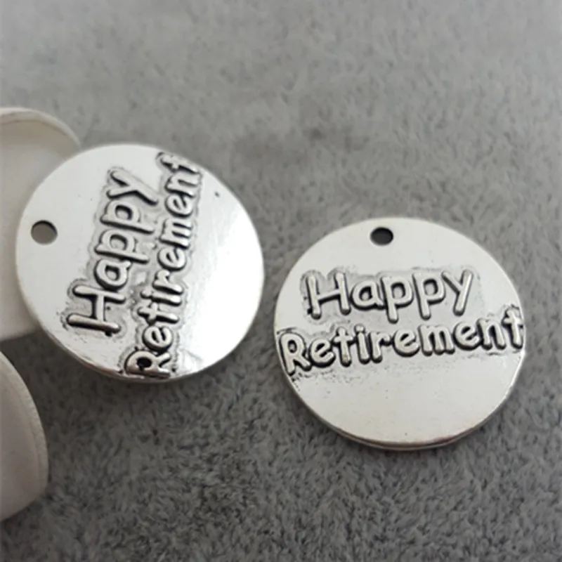 

Hoting selling 10 Pieces/Lot 25mm letter printed happy retirement charm round disc message charm for jewelry making