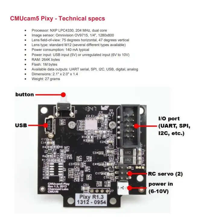 1 шт. x Pixy CMUcam5 Smart Vision сенсор камеры семь цветов подписи