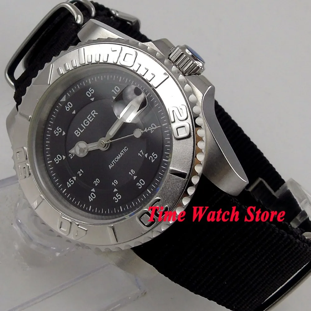 Luxury 40mm BLIGER men's watch black dial date magnifier luminous